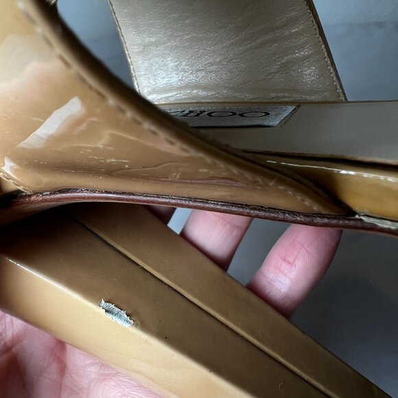 Jimmy Choo Fiery Patent Platform Ankle Strap Heel Sandals Beige EU 38 US 8 Luxe - Picture 15 of 16